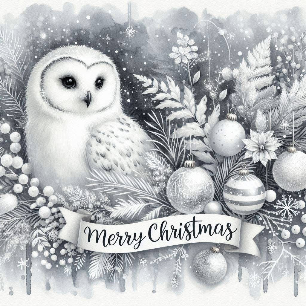 White owl surrounded by Christmas decorations with 'Merry Christmas' text