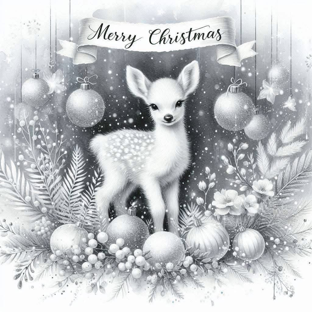 Christmas card with a deer surrounded by ornaments and flowers, featuring 'Merry Christmas' text.
