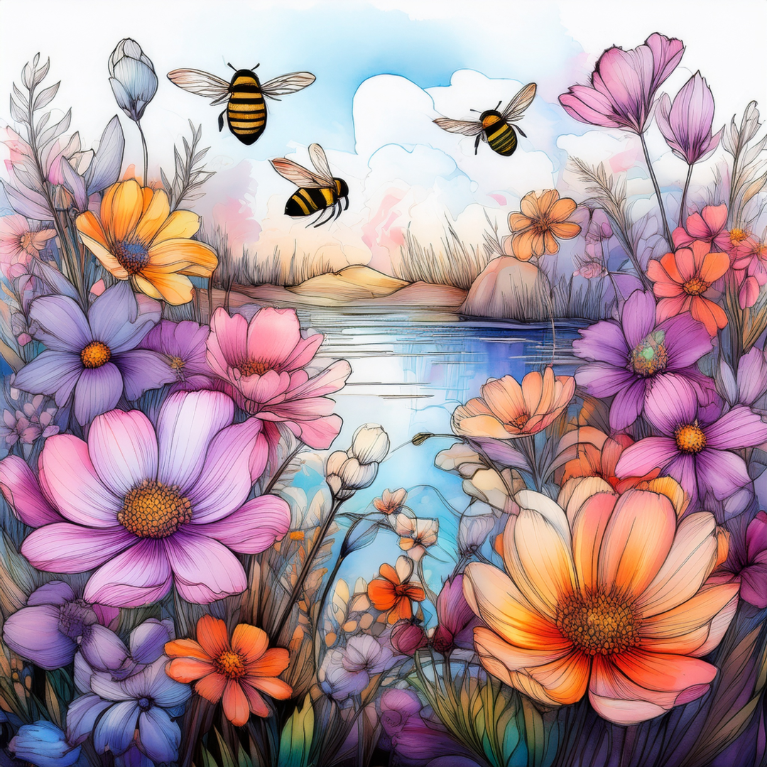 Colorful flowers and bees with a scenic background