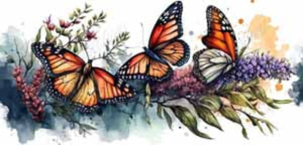 Three butterflies among flowers and leaves on a watercolor background
