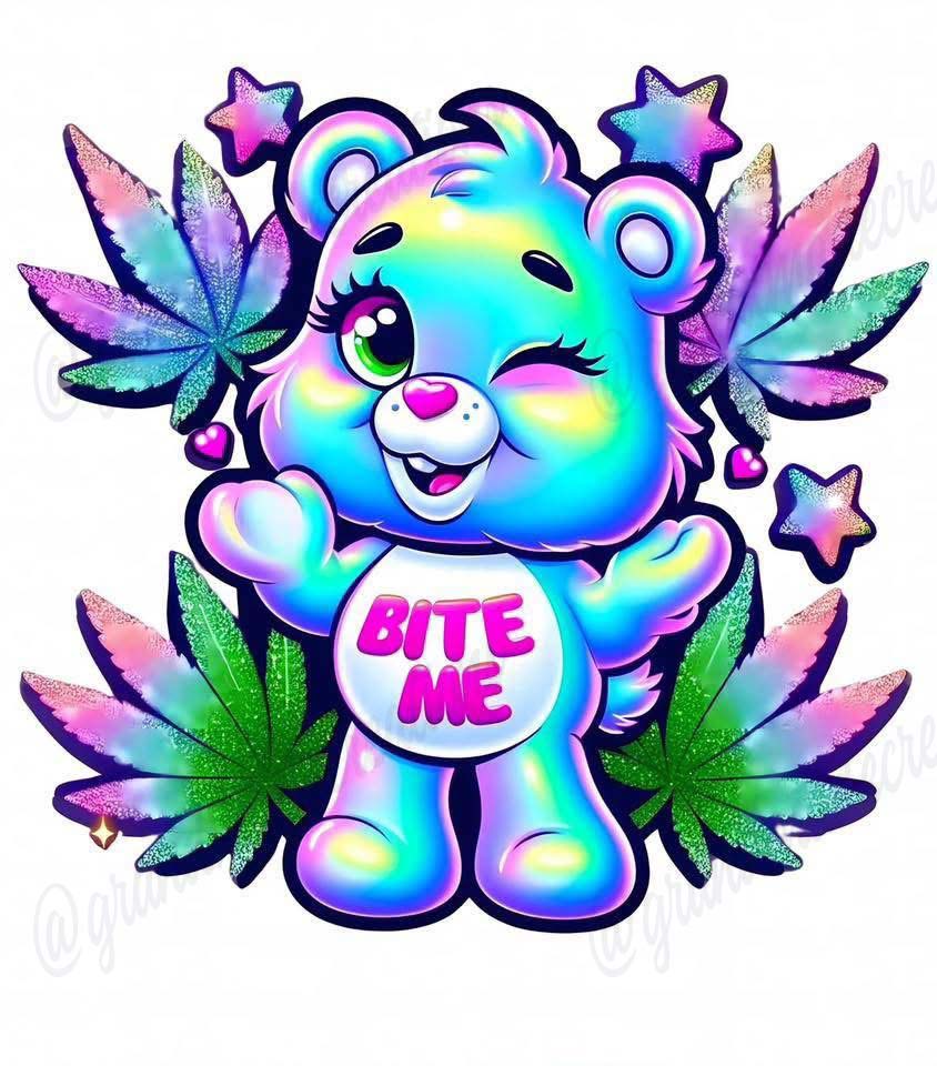 Premium 15 oz sublimation mug featuring a rainbow bear with a 'BITE ME' bib and cannabis leaf accents.