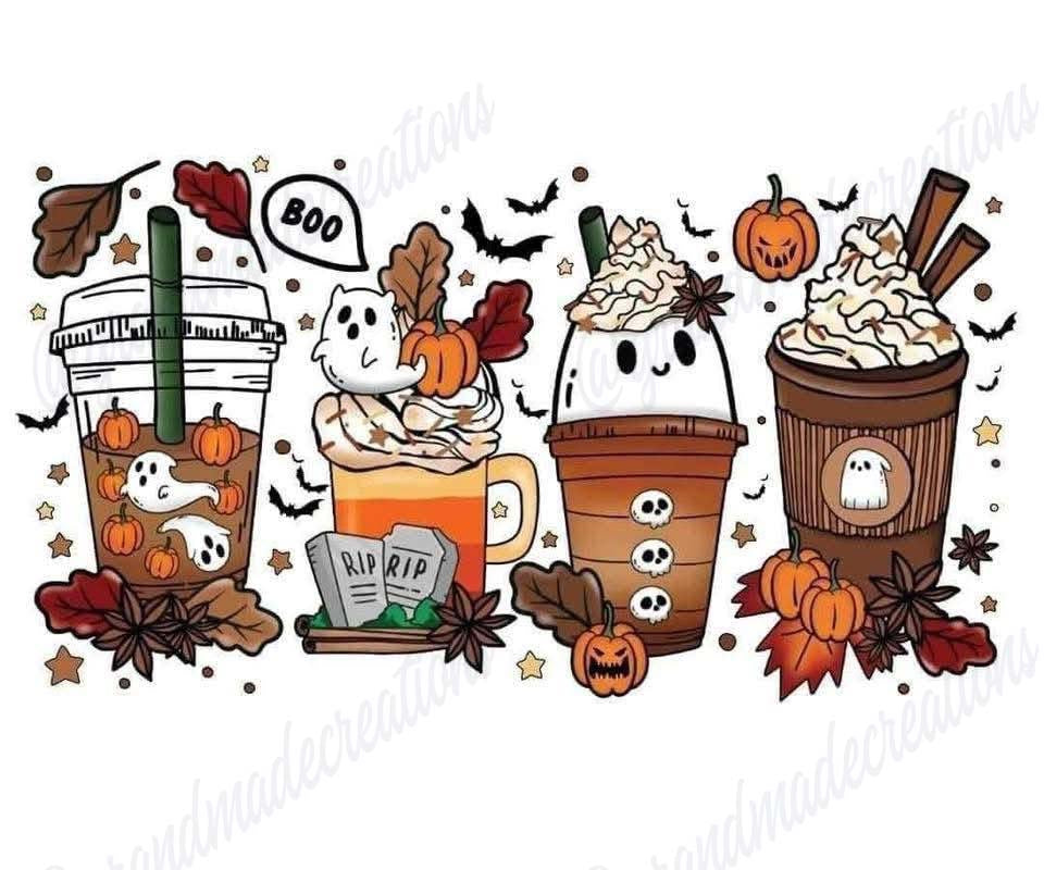 Halloween-themed Premium 15 oz sublimation mug with ghosts, pumpkins, and whipped-cream toppings.