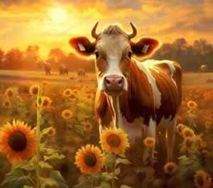 Brown-and-white cow in a sunflower field at sunset.