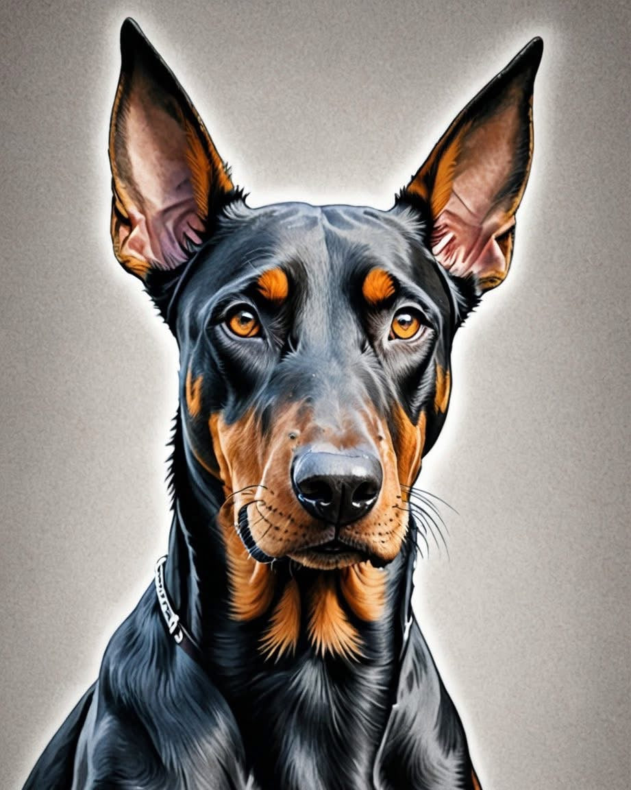 Artistic portrait of a Doberman Pinscher on a gray background