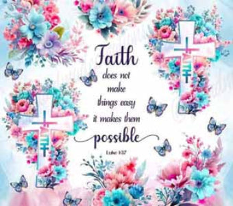 Floral crosses with pink and blue blossoms and butterflies around a faith-inspired Bible verse, coaster design.