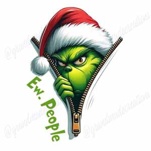 Grinch-like green character in a Santa hat with a zipper, whimsical holiday artwork for 4-inch ceramic coasters.