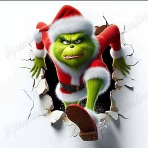Cartoon Grinch in a Santa suit bursts through a wall.