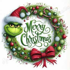 Festive Christmas wreath featuring a Grinch-like figure, green face, red bow, and 'Merry Christmas' script.