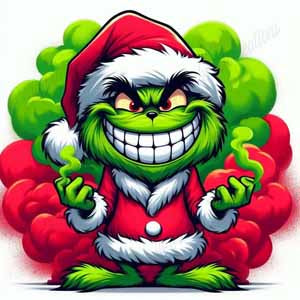 Grinch in Santa suit design on 4-inch ceramic coaster with cork backing; four-pack.