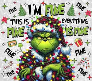 Grinch-like green character in a Santa hat, wrapped in holiday lights amid festive icons and FAME text.