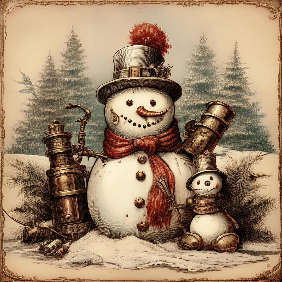 Two snowmen with top hats and scarves in a snowy landscape with trees.