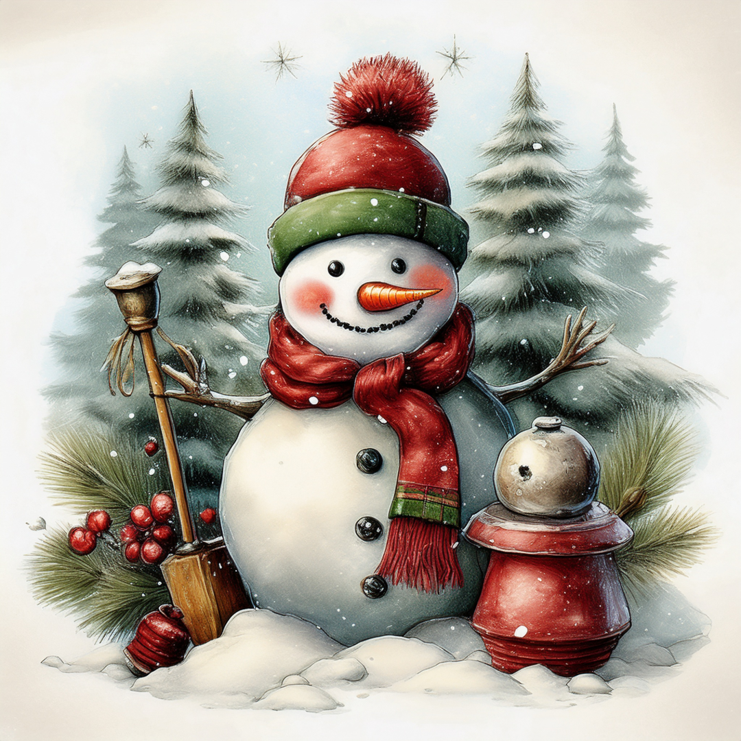 Cartoon snowman with a red hat, scarf, and lantern in a snowy landscape with trees.