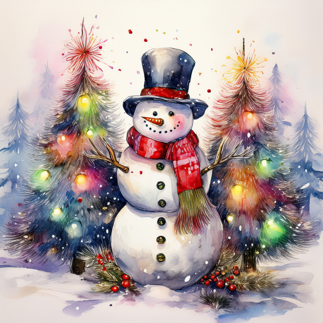 Illustration of a snowman with a top hat and scarf, surrounded by colorful trees in a snowy scene.