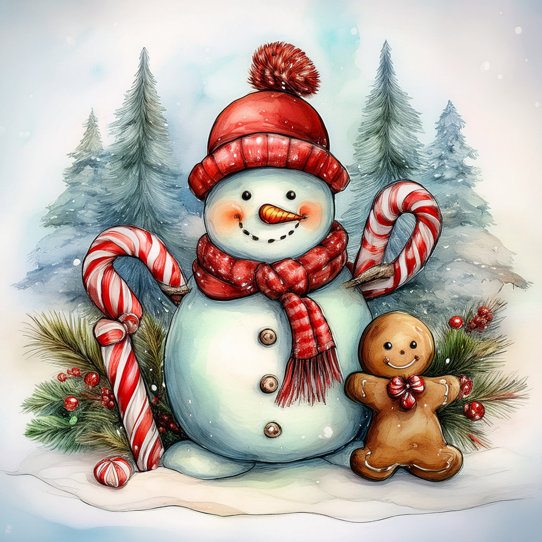 Illustration of a snowman with candy canes and a gingerbread man in a snowy landscape.