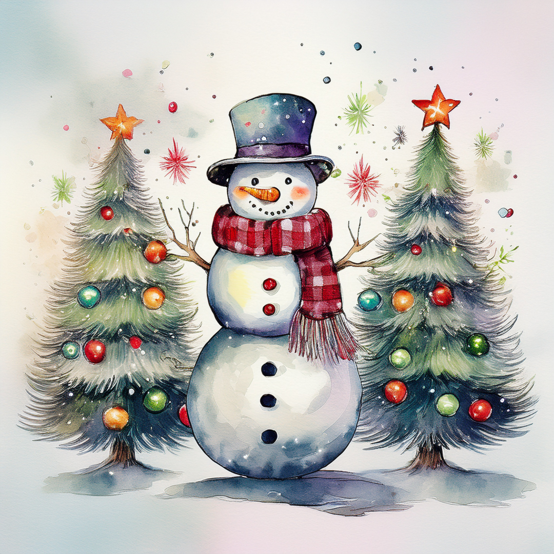 Cartoon snowman with trees and colorful ornaments on a light background