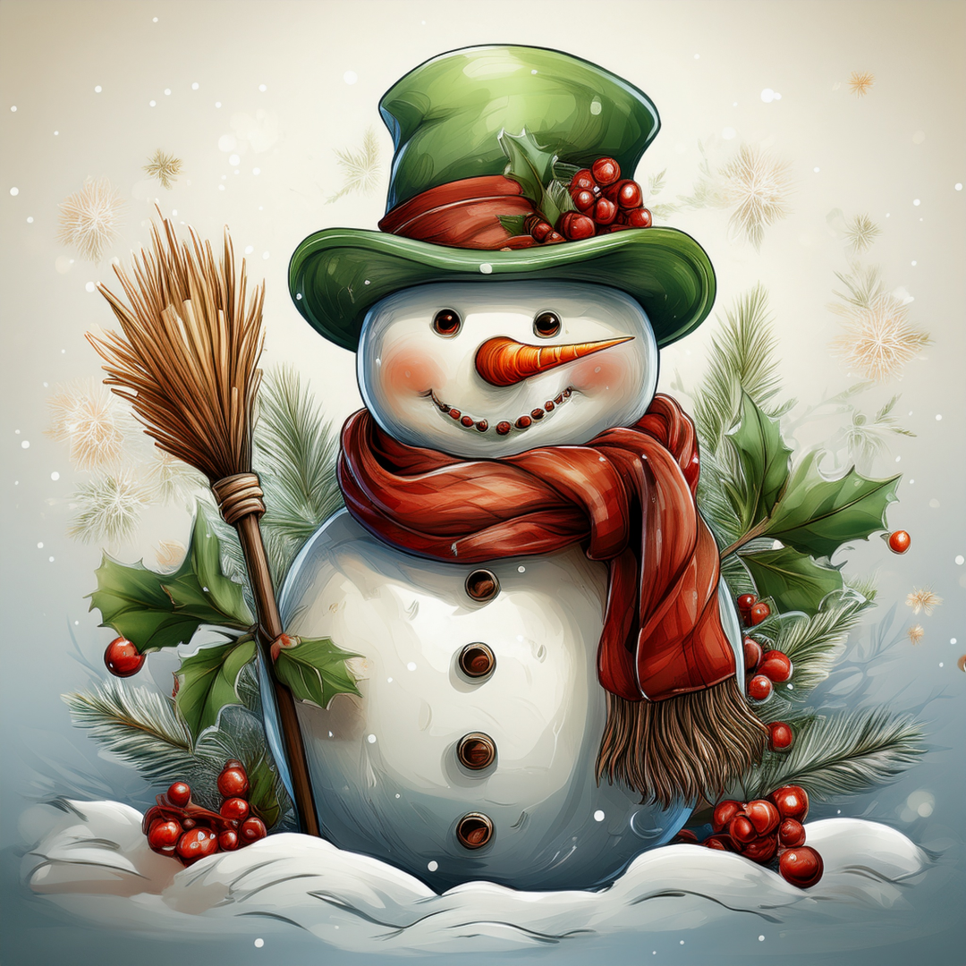 Illustration of a snowman with a green hat, red scarf, and broomstick, surrounded by holly leaves and berries.