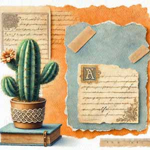 Cactus in a ceramic pot on a stack of books beside torn vintage papers and a blue-orange collage.